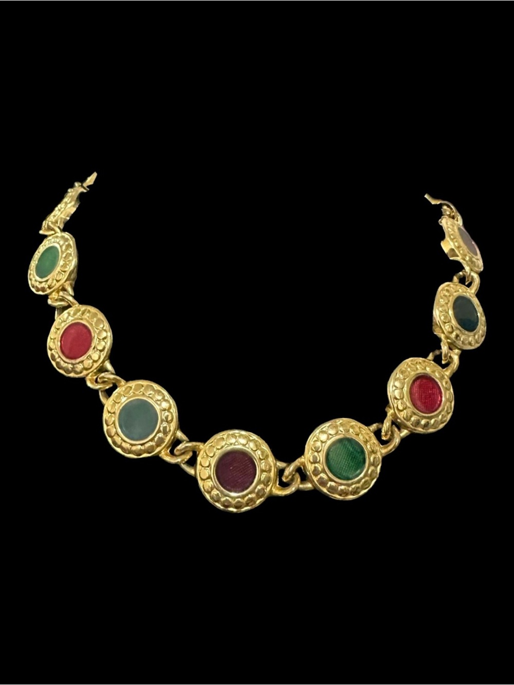 Vintage Gold-Tone Multicolor Circular Link Bracelet - Red & Green
